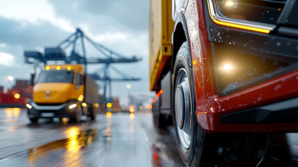 Trucks navigating busy port maritime logistics hub industrial setting rainy conditions close-up view transportation efficiency