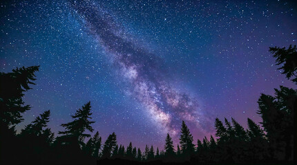 Fototapeta premium The Milky Way galaxy arches majestically across a star-studded night sky, framed by the silhouetted tops of pine trees in a dark, mountainous forest.