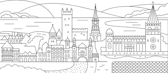 Obraz premium Detailed Line Art of a European Cityscape with Towers, Churches, and Buildings on the Water