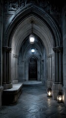 Fototapeta premium Dark, gothic hallway with arched entryways, stone walls, and lanterns