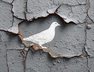 White dove silhouette in cracked grey wall