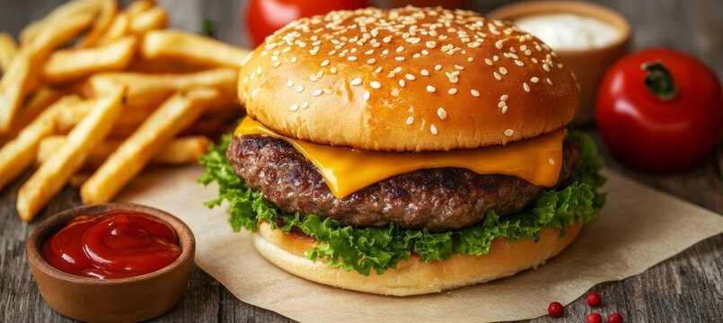Mouthwatering American cheeseburger with sesame seed bun, melted cheese, fresh veggies, and fries