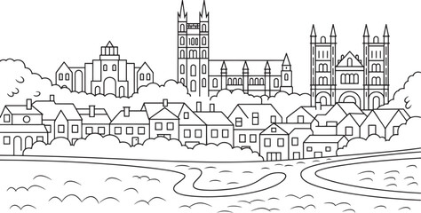 Fototapeta premium Detailed Outline of a European Cityscape with Churches, Houses, and a River on a Transparent Backdrop