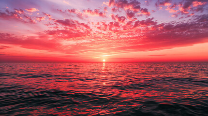 A stunning crimson and purple sunset paints the sky over a calm ocean, reflecting the vibrant colors on the gentle waves.