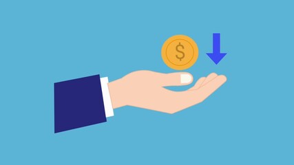 Hand receiving coin with downward arrow, price drop concept
