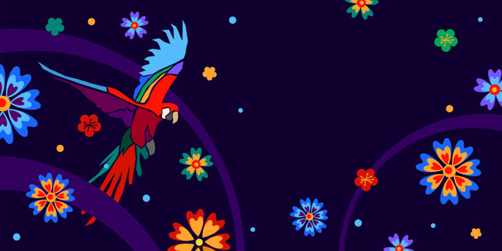 Hispanic heritage month background. Vector web banner, poster, card for social media, networks. Greeting national Hispanic heritage month, parrot and pattern on blue background.