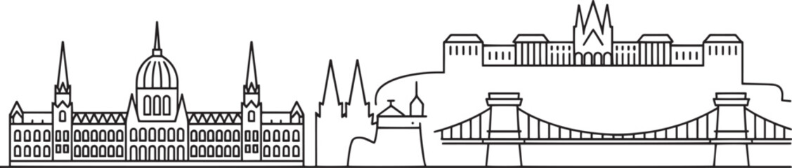 Obraz premium Detailed Outline of Budapest Skyline Vector Illustration with Iconic Landmarks and Buildings