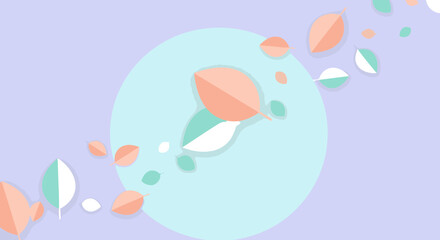 Pastel paper leaves in soft peach and mint green colors arranged in a flowing design on a light purple and light teal background. Falling leaves with a circle-shaped backdrop.