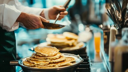 Close up of chef's hands plating a stack of freshly made pancakes in a busy restaurant kitchen, demonstrating culinary precision and food presentation skills