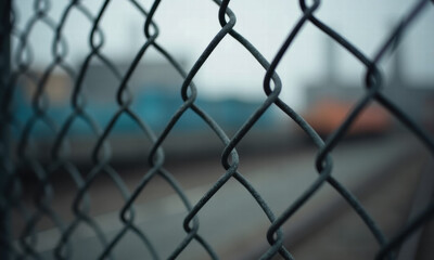 Fototapeta premium Chain Link Fence Foreground Blurry Industrial Background