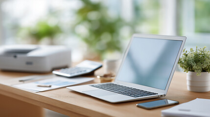Modern office desk with business equipment including laptop.