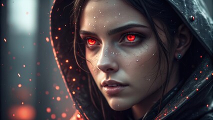 Mysterious woman with glowing red eyes in a hooded cloak