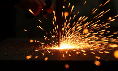 Close-up of bright orange sparks flying from a grinding tool