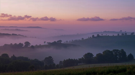 Fototapeta premium A serene misty landscape at sunrise, with rolling hills shrouded in fog and the sky painted in soft hues of pink and purple.