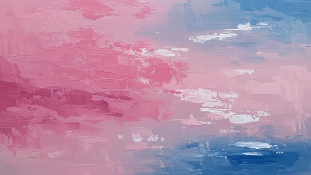 An abstract impressionist painting of a soft sky with pink, blue, and white clouds, featuring visible brushstrokes and a dreamy, atmospheric quality