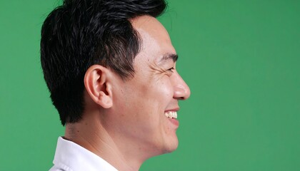 Obraz premium Profile view of a smiling man against a green background