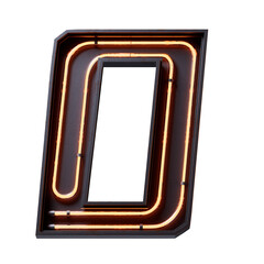3D illustration of orange Neon light digit number character 0 font. Neon tube number orange glow effect in black metal box.Supports PNG files with transparent backgrounds.