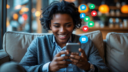 A woman uses her smartphone surrounded by floating social media icons, representing digital communication, connectivity, and modern social networking in a vibrant, tech-inspired scene.