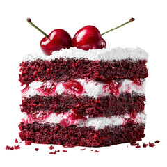 Red velvet cake slice topped with cherries
