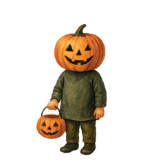 Vector Whimsical watercolor illustration of a boy in a pumpkin head costume holding a matching jack-o'-lantern bucket. Ideal for Halloween cards, decorations, and vintage-style designs.
