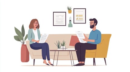 Man and woman sitting across from each other, examining documents in a well decorated room with plants, framed artwork, and modern furniture