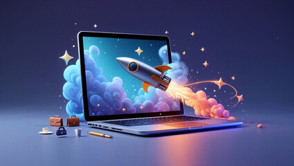 A sleek laptop launch event symbolizes entrepreneurial success and cutting-edge technological advances, highlighting innovation, modern design, and the future of digital business and creativity.