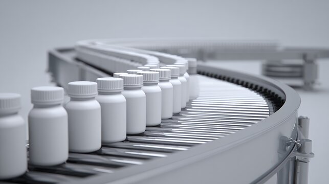 white bottles on conveyor belt pharmaceutical production line - Powered by Adobe
