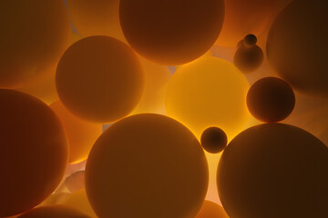 Abstract background of glowing orange and yellow orbs, suggesting a cosmic, cellular, or molecular world concept.