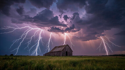 A powerful thunderstorm electrifies the sky with multiple lightning strikes illuminating a lonely barn in a vast field under dramatic purple and grey clouds.