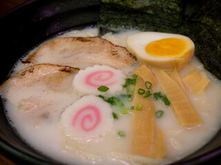 Traditional Japanese Tonkotsu Ramen with Chashu and Soft-Boiled Egg.