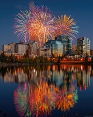 Fireworks display over city skyline reflected in calm water at dusk