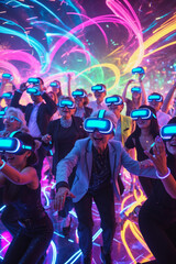 A vibrant futuristic VR party with people of all ages in neon-accented attire, wearing glowing headsets amid swirling electric hues on a glossy dance floor, immersed in dazzling abstract virtual world