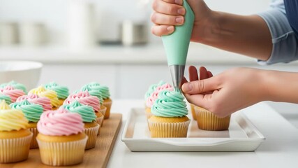 Close up of a person decorating cupcakes with colorful frosting using a pastry bag highlighting baking and culinary arts in a kitchen setting