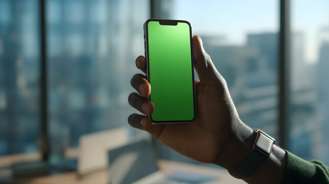 African American Hand Holding Smartphone with Green Screen in Modern Office Setting