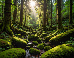 mossy river rocks in the middle of a dark, green forest