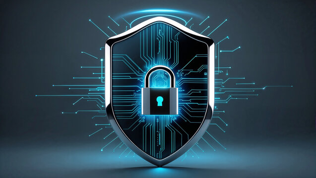 A sense of cutting-edge security and data protection, set against a dark, gradient gray background that evokes a sense of advanced technology, with subtle, neon-lit accents in shades of electric blue 