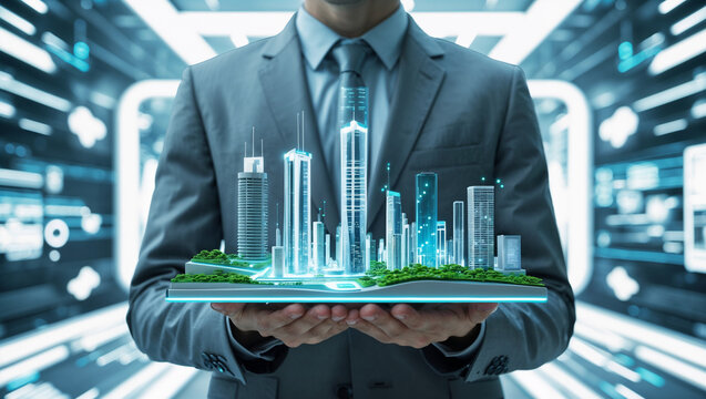 The background is a futuristic digital environment with holographic interfaces, abstract tech patterns, high-tech city skyline. Cool lighting with blue, white tones, with clean space for text overlay