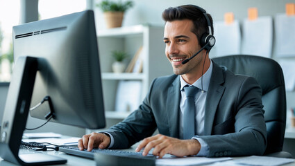 Obraz premium Portrait of a professional man working as a telemarketer, wearing a headset with a microphone, sitting at a modern office desk. He has a focused but friendly expression, engaging in a customer call.