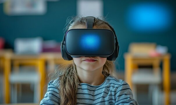 School student with a VR headset using AI technology and machine learning in the classroom. The scene emphasizes the role of innovation and smart technology in education, Generative AI