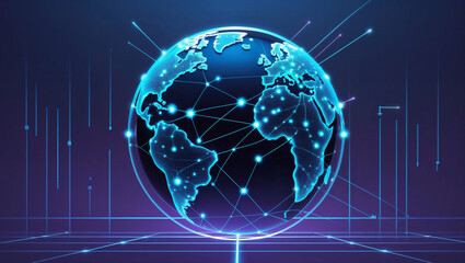 The futurist concept of global connection and technological advancement in the fields of science and technology, set against a dark gradient background that transitions from a deep blue, purple color.