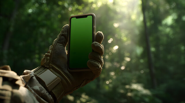 Hand in Tactical Glove Holding Mobile Phone with Green Screen in Forest