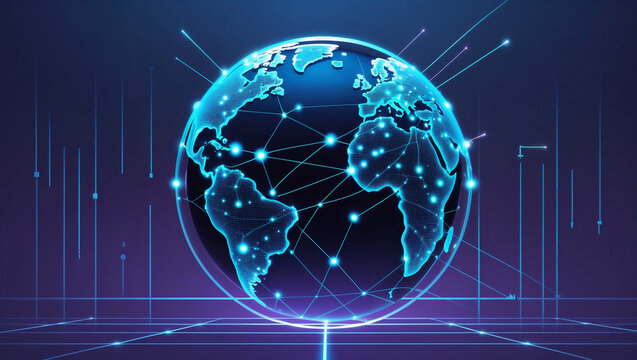The futurist concept of global connection and technological advancement in the fields of science and technology, set against a dark gradient background that transitions from a deep blue, purple color.