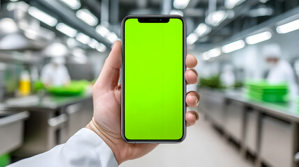Hand Holding Mobile Phone with Green Screen in Modern Clean Industrial Environment