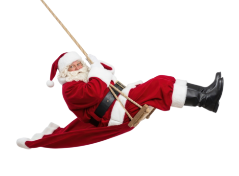 Santa Claus swings on a rope wearing a red suit and black boots with a transparent background, cutout PNG