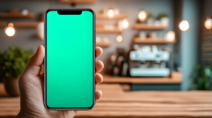 Hand Holding Modern Smartphone with Green Screen Mockup in a Coffee Shop