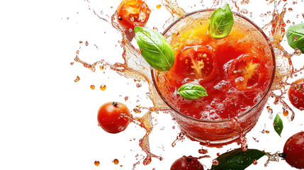 Delicious   tomato  soup splashing  with fresh basil leaves cut out on white background PNG 