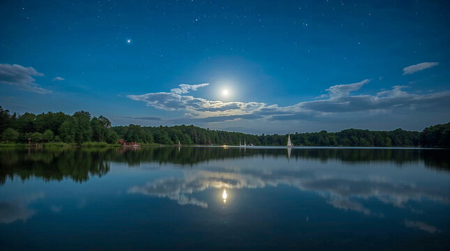 A serene lake reflects a moonlit sky filled with stars and clouds, with sailboats gliding on the water under a canopy of trees.