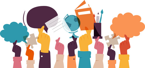 Hands holding different school elements: chat bubbles, puzzles, globe, books, pens, pencils. © Stafeeva