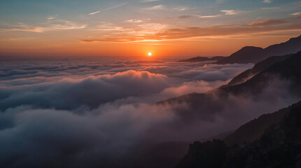 Golden sunrise over a sea of clouds, illuminating mountain peaks with soft hues. A serene and majestic natural landscape.