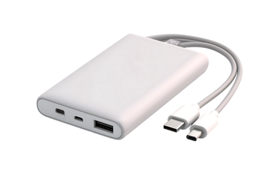 Portable white power bank isolated on transparent background for charging smartphone